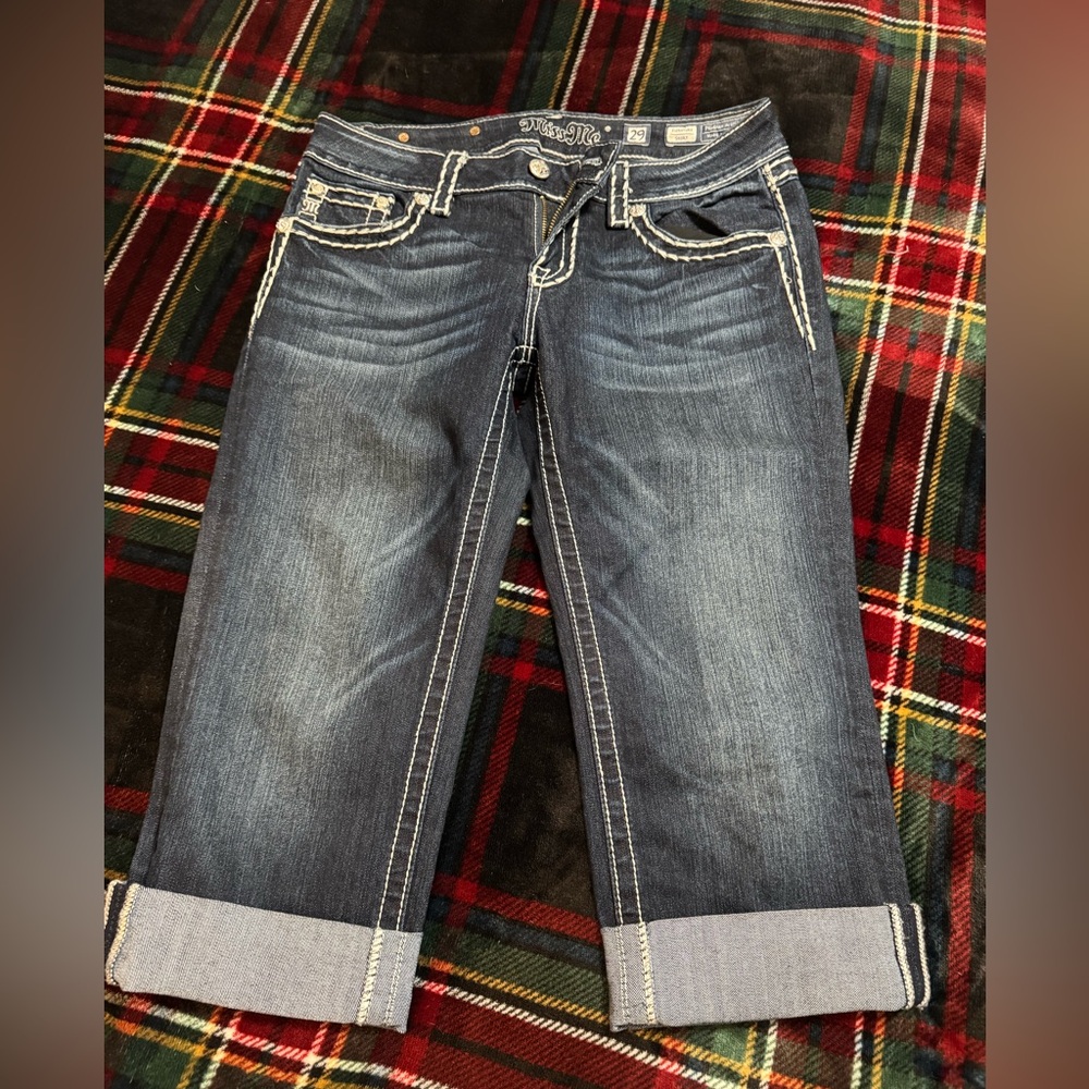 Miss Me Blue Ankle Cropped Jeans with Contrast Stitching